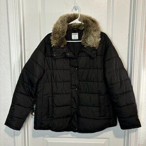 Old Navy Women's Aspen Puffer Coat with Faux Brown Fur, Black Jack, Size 1x Plus